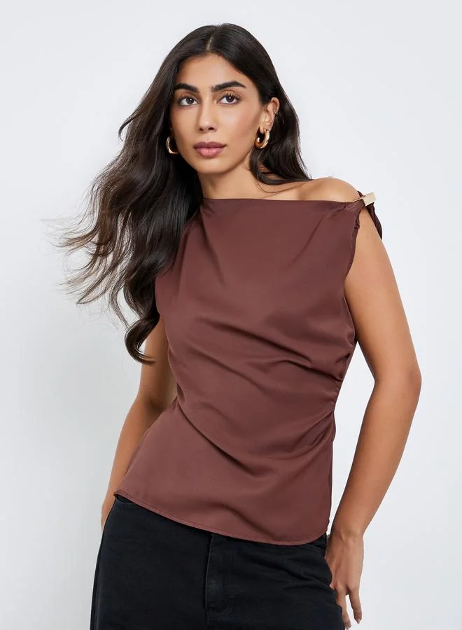 Styli Brown Solid Asymmetric Neck Knit Top