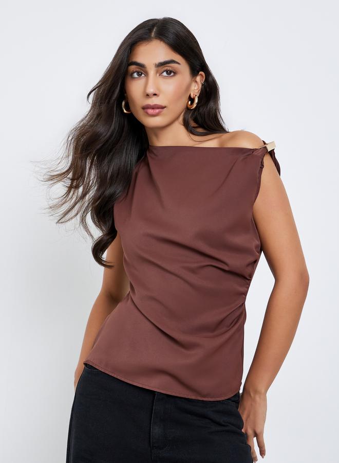 Styli Brown Solid Asymmetric Neck Knit Top - Image 1