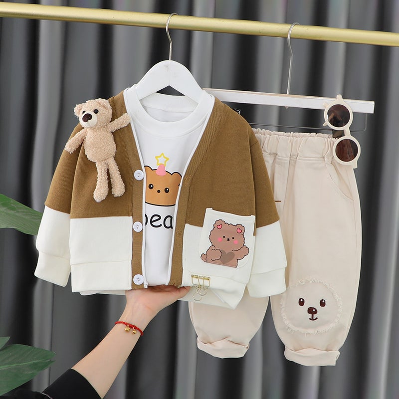 Boys three-piece set 2023 spring new childrens Korean pendant small rabbit long sleeve cardigan set factory wholesale Red  - Image 3