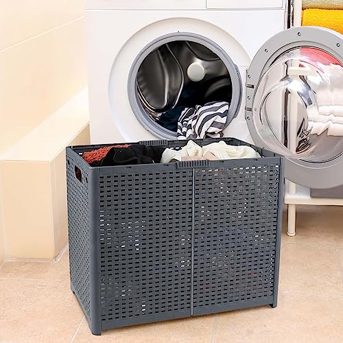 Xowine 1-Pack Plastic Double Laundry Baskets, Collapsible Plastic Laundry Hamper with Lids, Grey - Image 4