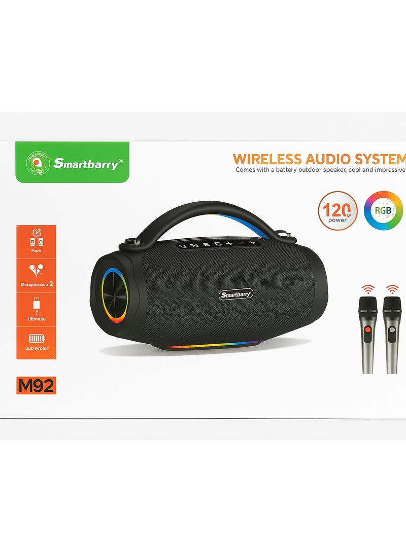 سمارت باري مكبر صوت كاريوكي لاسلكي Smartbarry M92 مزود بميكروفونات مزدوجة وأضواء LED RGB ومكبر صوت قوي محمول بتقنية البلوتوث للحفلات المنزلية والمناسبات الخارجية - Image 2