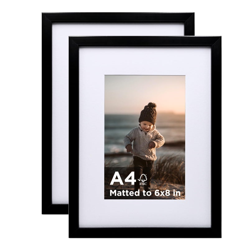 KINLINK A4 Picture Frame Black Set of 2 Wooden Photo Frames Matted A5 with Plexiglass for A5 with Mat or A4 without Mat for Table and Wall Display