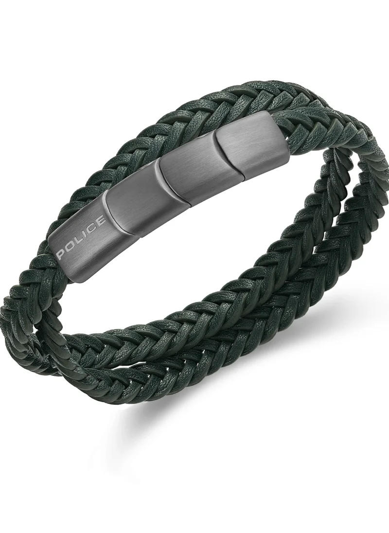 POLICE Police Braid Dark Green Leather Gun Metal Plated Stainless Steel Gents Bracelet