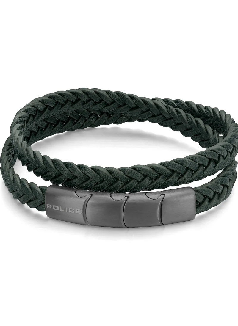 POLICE Police Braid Dark Green Leather Gun Metal Plated Stainless Steel Gents Bracelet