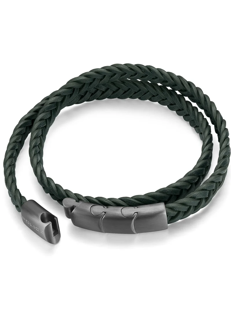 POLICE Braid Dark Green Leather Grey Metal Plated Stainless Steel Gents Bracelet