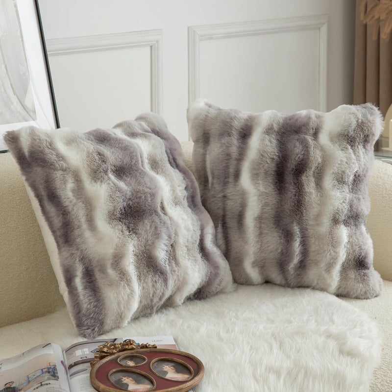 MANDIOO Pack of 2 Thick Plush Wool Decorative Throw Pillow Covers Super Soft Wave Bubble Fur Velvet Cushion Covers Pillow Shams for Couch Bed Living Room 18x18 Inch White Gray - Image 2