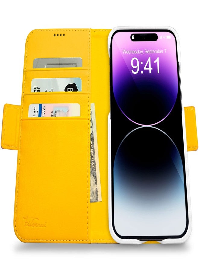 دريم جراب محفظة Dreem Fibonacci متوافق مع iPhone 14 Pro Max / جراب مقاوم للصدمات 2 في 1 وغطاء جلدي نباتي قابل للفصل، متوافق مع MagSafe، حماية RFID [أصفر] - Image 2