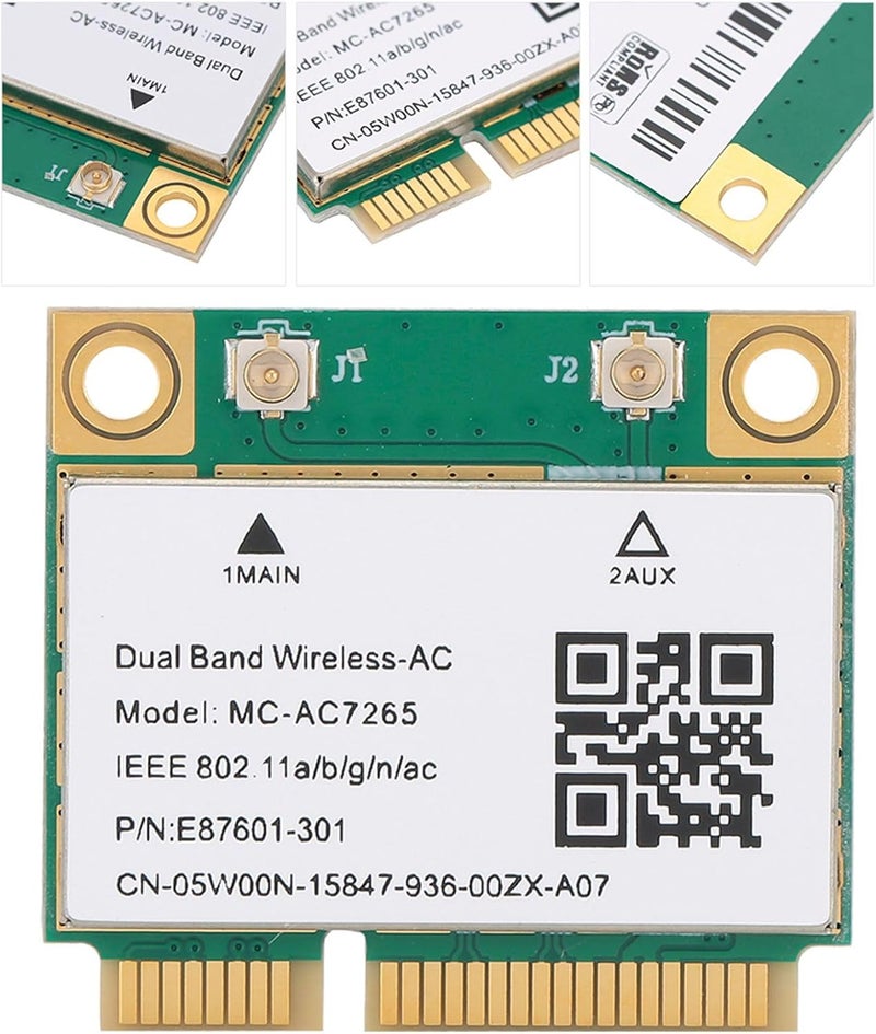 بطاقة واي فاي لاسلكية من نوع Mini PCIE مزودة بتقنية 4.2 MCAC7265، بسرعة نقل بيانات تصل إلى 1200 ميجابت في الثانية، متوافقة مع أنظمة ويندوز 7/8/10، تحتوي على بطاقة شبكة واحدة. - Image 1
