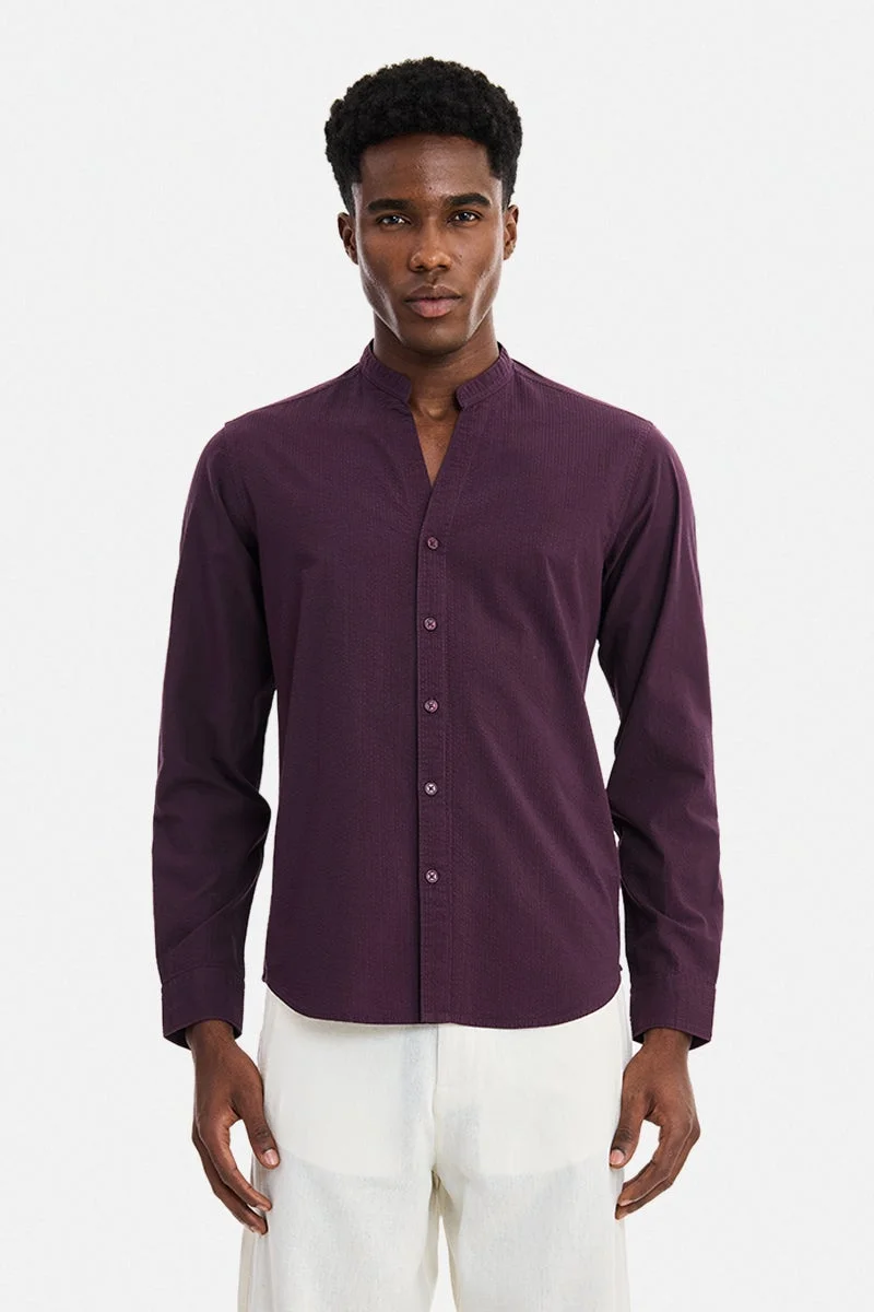 سنيتش Wine Textured Long Sleeve Slim Fit Casual Shirt
