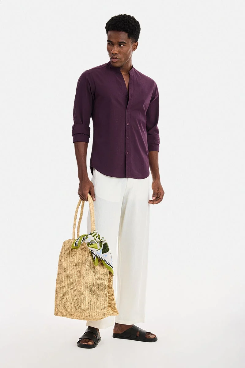 سنيتش Wine Textured Long Sleeve Slim Fit Casual Shirt
