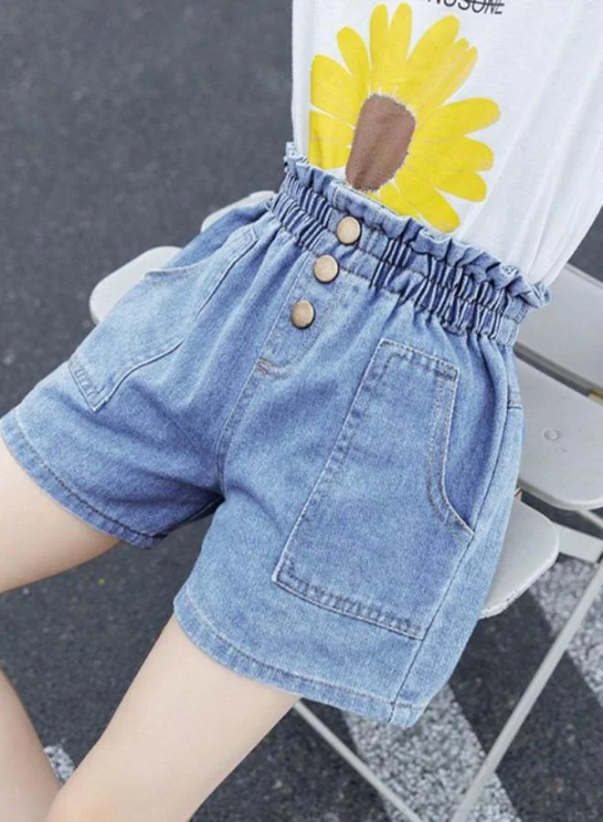 يونيكي Light Blue Regular Fit Mid Rise Solid Denim Shorts