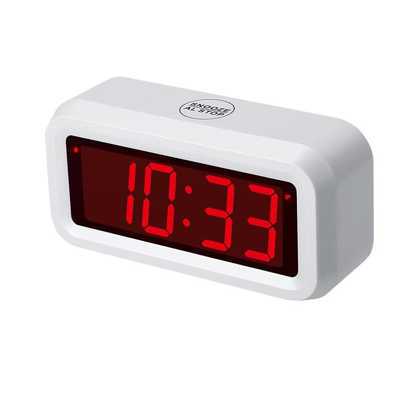 Timegyro Digital Alarm Clock Battery Operated with LED Display for Bedrooms Long Battery Life for 12 Months 3 Brightness Adjustable 1224 Hour Snooze White Case with Red Digits