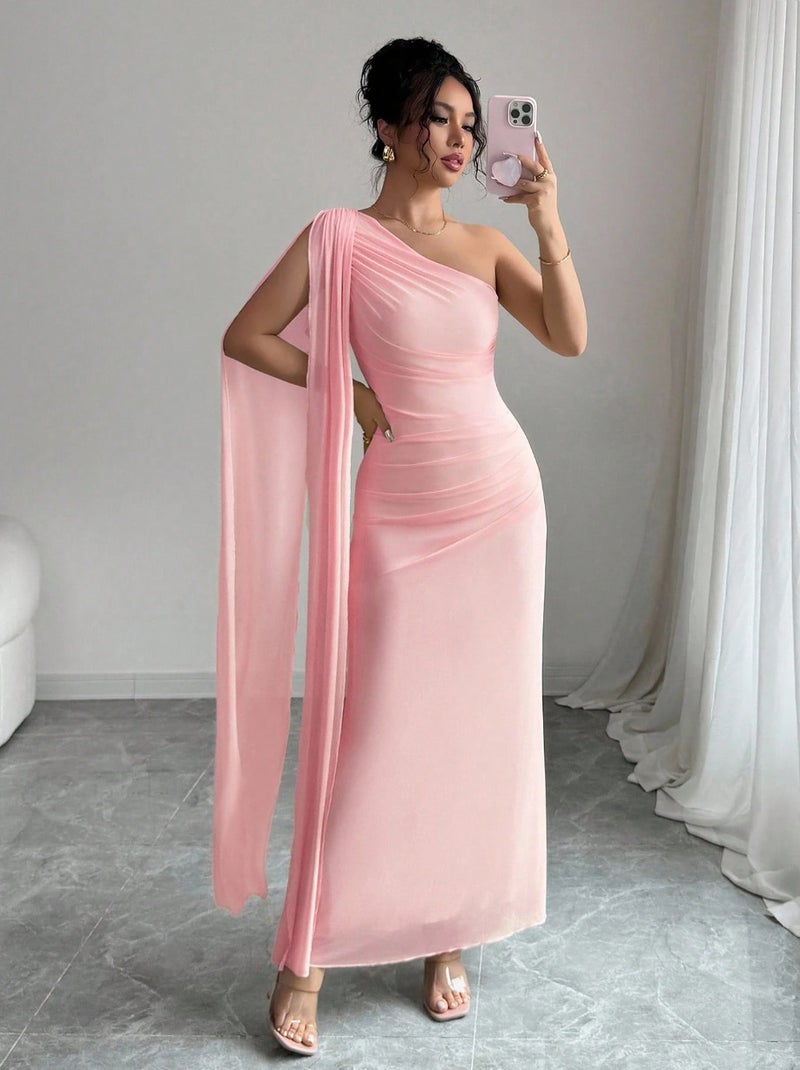 Women Elegant Mesh One-Shoulder Sash Fitted Dress - Image 2