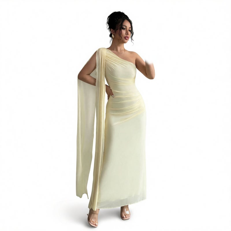 Women Elegant Mesh One-Shoulder Sash Fitted Dress - Image 1