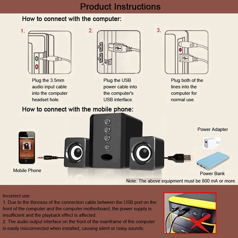 USB Wired Computer Speakers: Black, 3 High-performance Loudspeakers, Steady Undistorted Bass Stereo Surround - Wide Compatibility, USB-powered Energy-saving for Desktop Laptop Smartphone Tablet TV DVD - Image 4