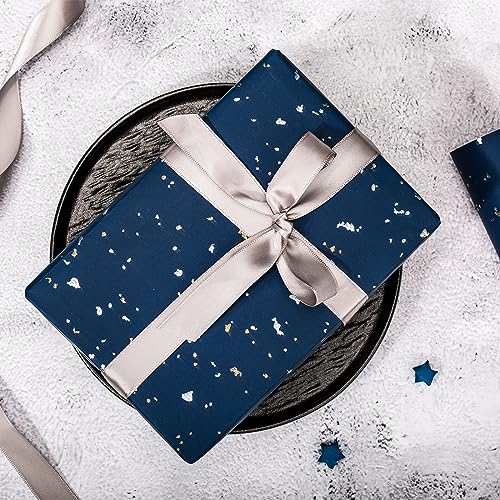 MAYPLUSS Navy Blue Wrapping Paper Roll - 17Inch x 16.5Feet - Masculine Black Gold Shiny Flakes on Matte Dark Navy Blue Heavy Gift Wrap Paper w/Silky Touch for Father's Day, Birthday, Holiday, Christmas - Image 2