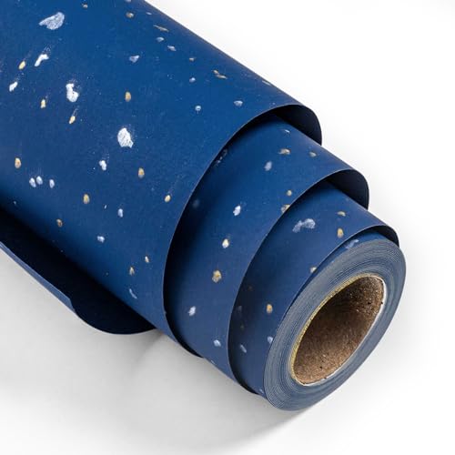 MAYPLUSS Navy Blue Wrapping Paper Roll - 17Inch x 16.5Feet - Masculine Black Gold Shiny Flakes on Matte Dark Navy Blue Heavy Gift Wrap Paper w/Silky Touch for Father's Day, Birthday, Holiday, Christmas - Image 1