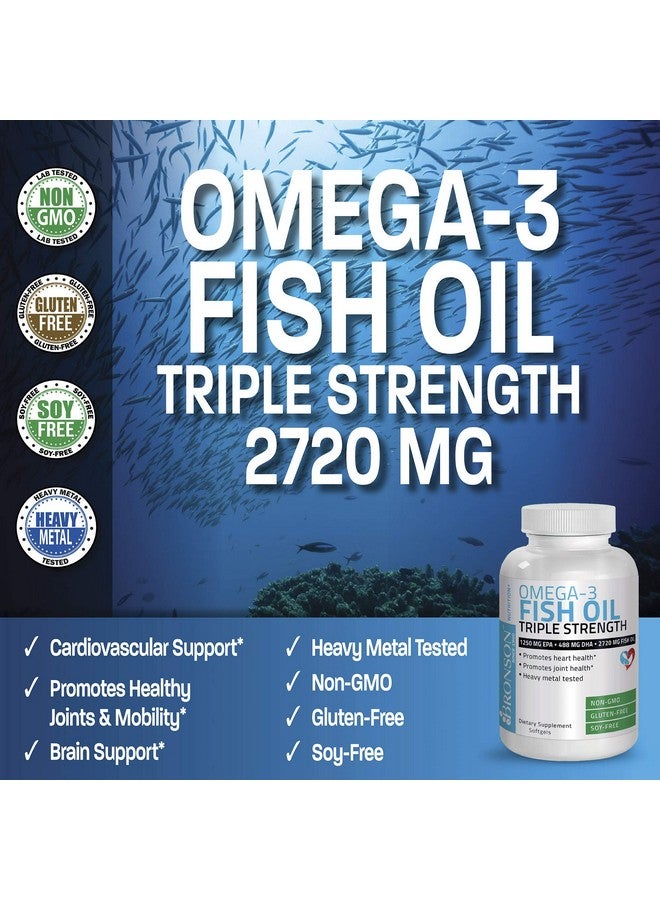Bronson Omega 3 Fish Oil Triple Strength 2720 mg, High EPA 1250 mg DHA 488 mg, Non-GMO Heavy Metal Tested, 180 Softgels - Image 3