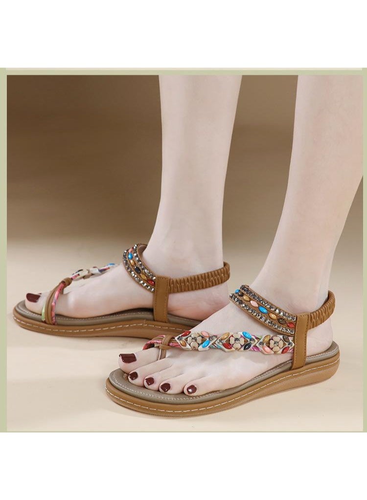 NIBEMINENT Summer  Sandals Rhinestone Comfortable Casual Seaside Beach Round Head Flat Sandals Women Shoes  - Image 2