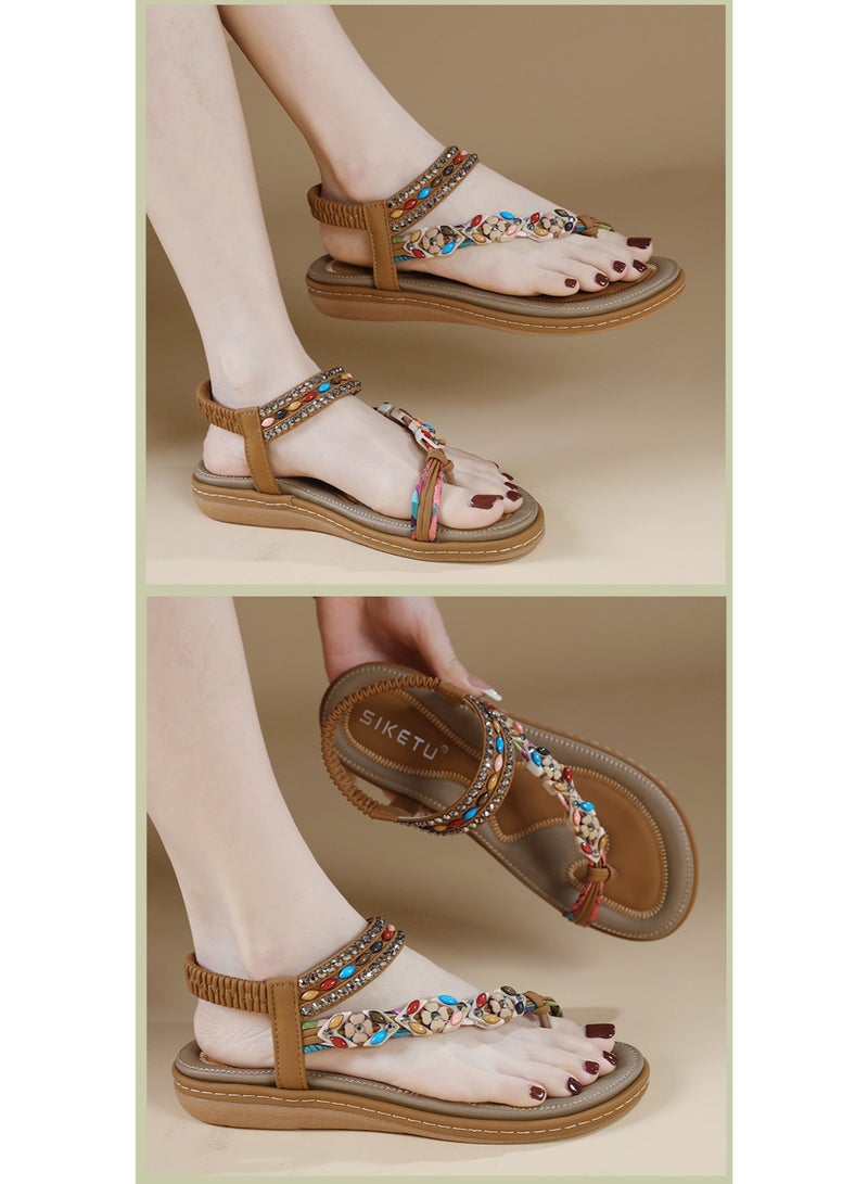 NIBEMINENT Summer  Sandals Rhinestone Comfortable Casual Seaside Beach Round Head Flat Sandals Women Shoes  - Image 4