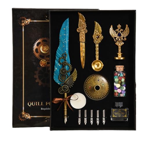PLUSPOINT Vintage Quill Pen and Ink Set Elegant Writing Luxury Fountain Calligraphy Ink Pen Set with Wax for Stamp Retro Decor Dip Pen Office Stationery Corporate Gifting for Signature, Black - Image 1