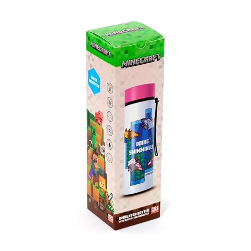 Puckator Minecraft Axolotl Hot Cold Digital Thermometer Bottle Reusable Insulated Active Water Bottle Flask for Girls and Boys with A Carry Handle Straw Bpa Free for School Nursery - Image 3