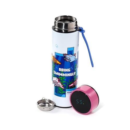Puckator Minecraft Axolotl Hot Cold Digital Thermometer Bottle Reusable Insulated Active Water Bottle Flask for Girls and Boys with A Carry Handle Straw Bpa Free for School Nursery - Image 1