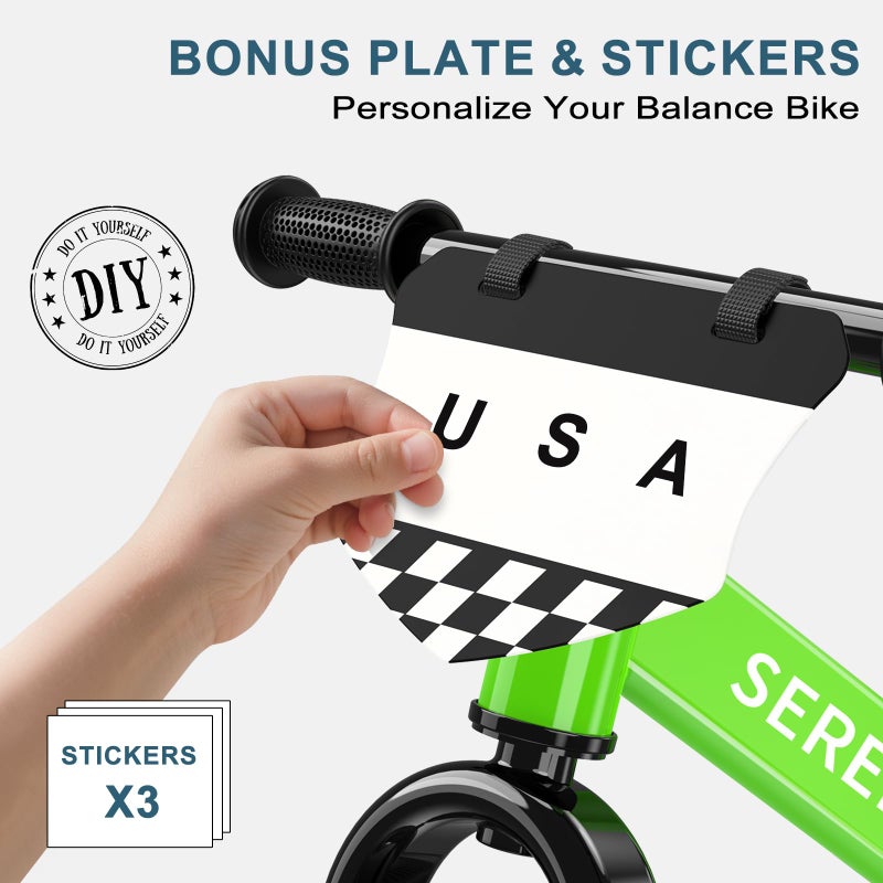SEREED Toddler Balance Bike 2 Year Old, No Pedal Kids Toy Bike for 2-5 Years Old, Tool-Free Adjustment, Gift for 2-3 Boys Girls, Customize Plate with 3pcs Stickers (Green) - Image 2