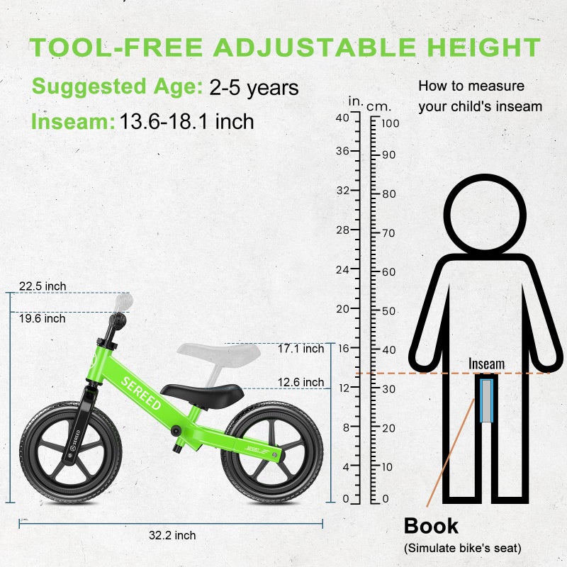 SEREED Toddler Balance Bike 2 Year Old, No Pedal Kids Toy Bike for 2-5 Years Old, Tool-Free Adjustment, Gift for 2-3 Boys Girls, Customize Plate with 3pcs Stickers (Green) - Image 3