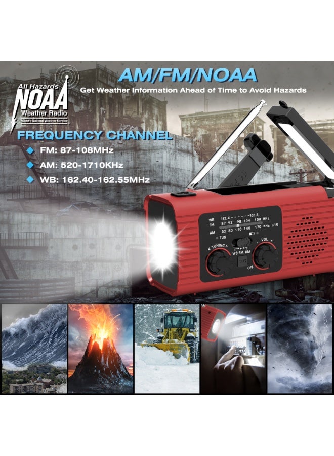 Emergency Radio, Hand Crank Radio Solar for Hurricane Supplies, AM/FM NOAA Portable Weather Radio 7400mWh with LED Flashlight, Power Bank, 180°Rotatable Reading Lamp for Emergency - Image 2