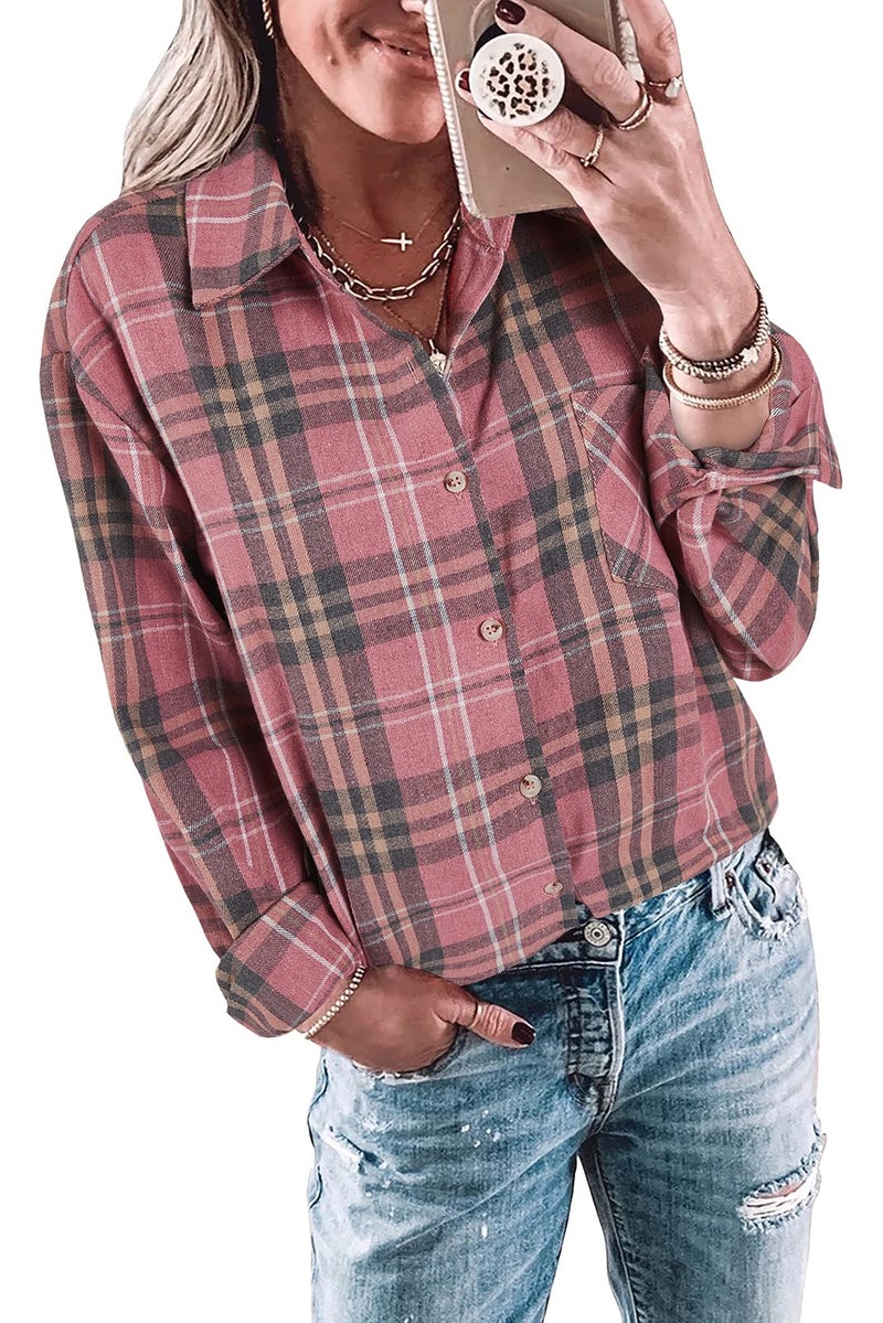 Wenrine Womens Long Sleeve Button Down Shirt Casual Plaid Flannel Shirt Collared Blouse Tops Pink - Image 1