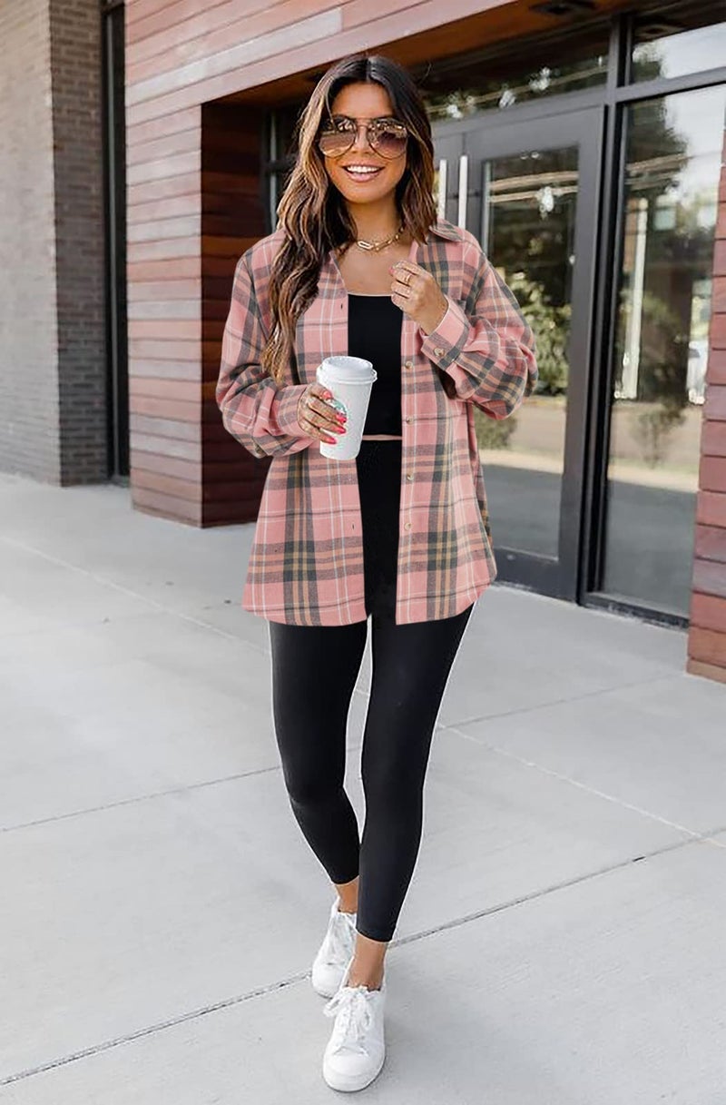 Wenrine Womens Long Sleeve Button Down Shirt Casual Plaid Flannel Shirt Collared Blouse Tops Pink - Image 2