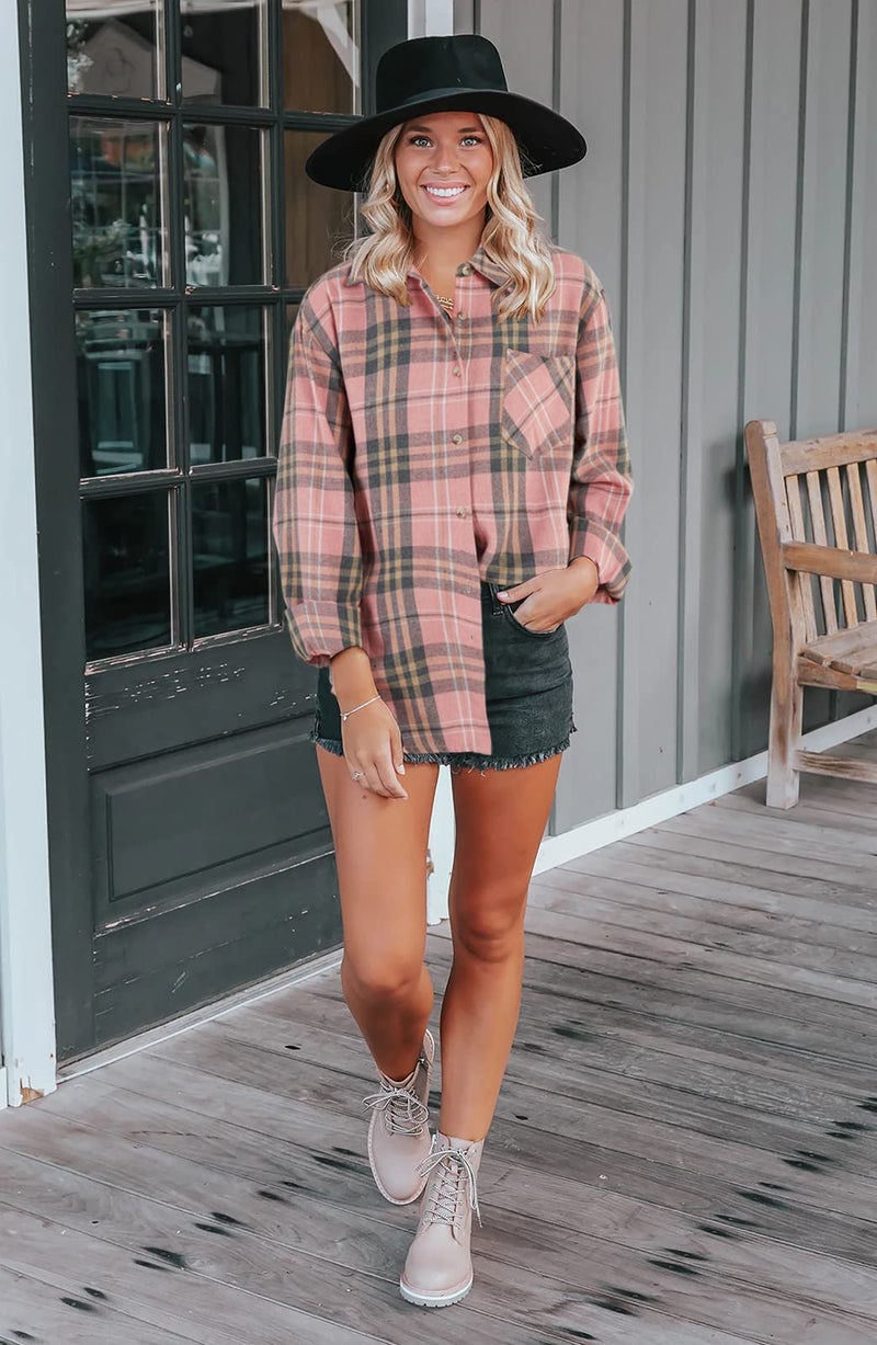 Wenrine Womens Long Sleeve Button Down Shirt Casual Plaid Flannel Shirt Collared Blouse Tops Pink - Image 5
