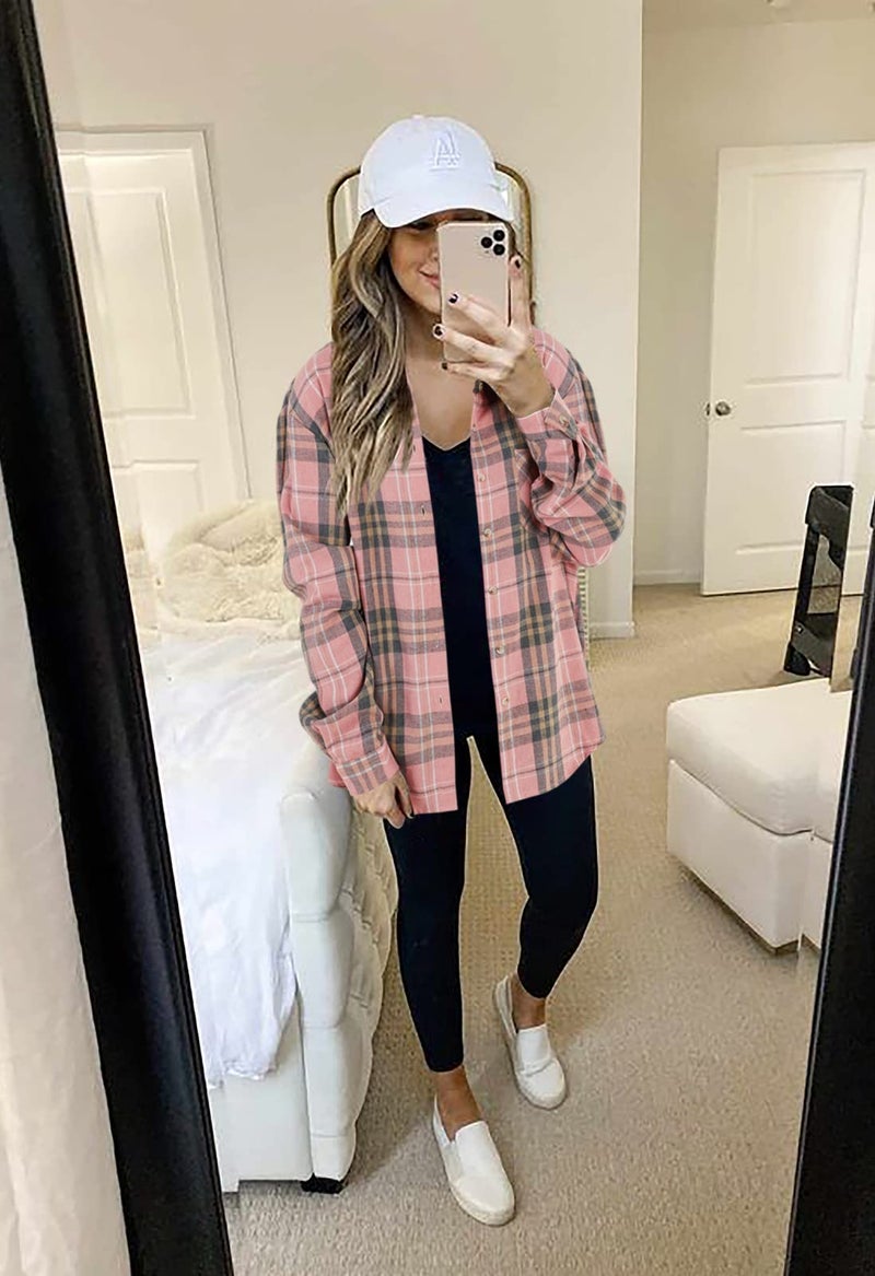 Wenrine Womens Long Sleeve Button Down Shirt Casual Plaid Flannel Shirt Collared Blouse Tops Pink - Image 4