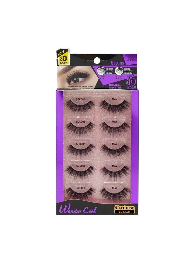 EBIN NEW YORK Cattitude 3D Lash 5 Pair – Wonder Cat 3D Faux Mink Lash Enviable Volume Lightweight Comfortable Wear Double Layered Wispy Lash Fullness Reusable  - Image 1