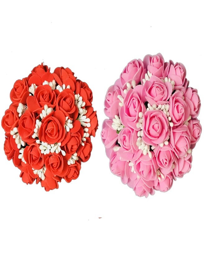 Arooman™ Bridal Artificial Flower Hair Juda Gajra/Bun Hair Accessories for Women & Girls, Pack of 02, Red & Pink - Image 2