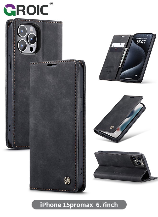 GROIC For iPhone 15 Pro Max Case, Luxury Leather Wallet Cover, Leather Wallet Case Classic Design with Card Slot and Magnetic Flip Flip Folding Case for iPhone 15 Pro Max 6.7 Inch  - Image 1