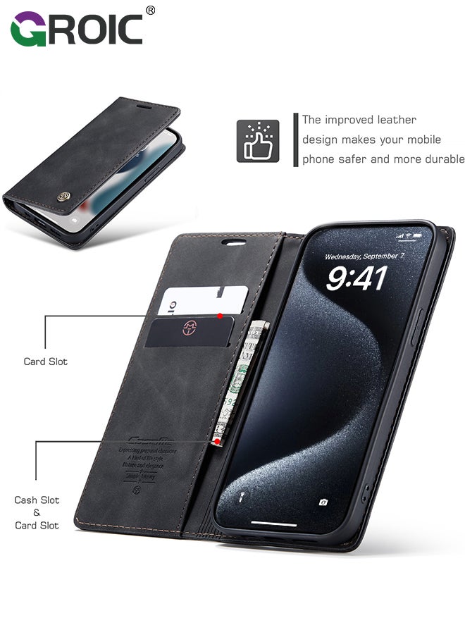 GROIC For iPhone 15 Pro Max Case, Luxury Leather Wallet Cover, Leather Wallet Case Classic Design with Card Slot and Magnetic Flip Flip Folding Case for iPhone 15 Pro Max 6.7 Inch  - Image 5
