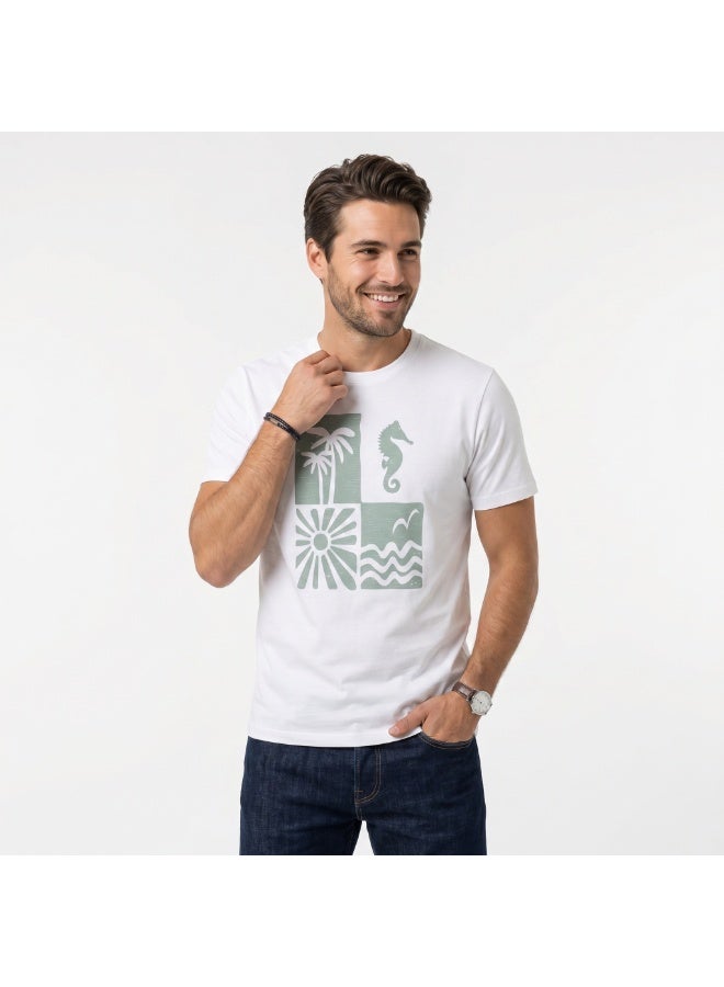 بافون تيشيرت PAVONE قطن 100% رجالي - تيشيرت صيفي مطبوع "Seahorse & Palms"أبيض كاجوال - Image 5