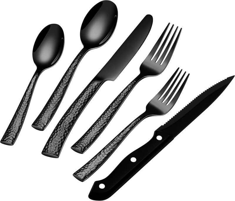 EUIRIO 48Piece Black Hammered Silverware Set for 8 Stainless Steel Flatware Set with Steak Knives Mirror Polished Tableware Cutlery Set Include Forks Spoons and Knives Set Dishwasher Safe - Image 1