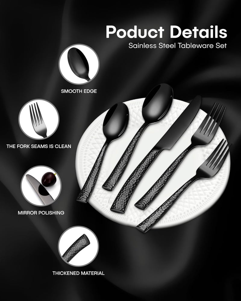 EUIRIO 48Piece Black Hammered Silverware Set for 8 Stainless Steel Flatware Set with Steak Knives Mirror Polished Tableware Cutlery Set Include Forks Spoons and Knives Set Dishwasher Safe - Image 3