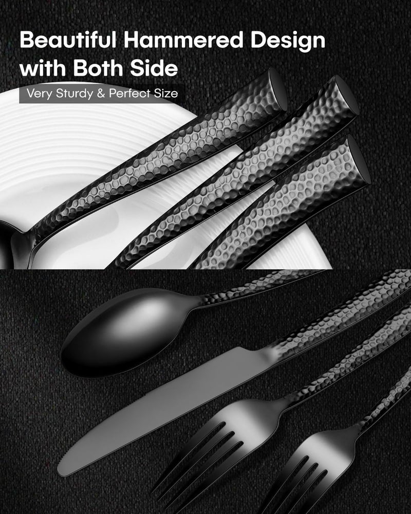 EUIRIO 48Piece Black Hammered Silverware Set for 8 Stainless Steel Flatware Set with Steak Knives Mirror Polished Tableware Cutlery Set Include Forks Spoons and Knives Set Dishwasher Safe - Image 4