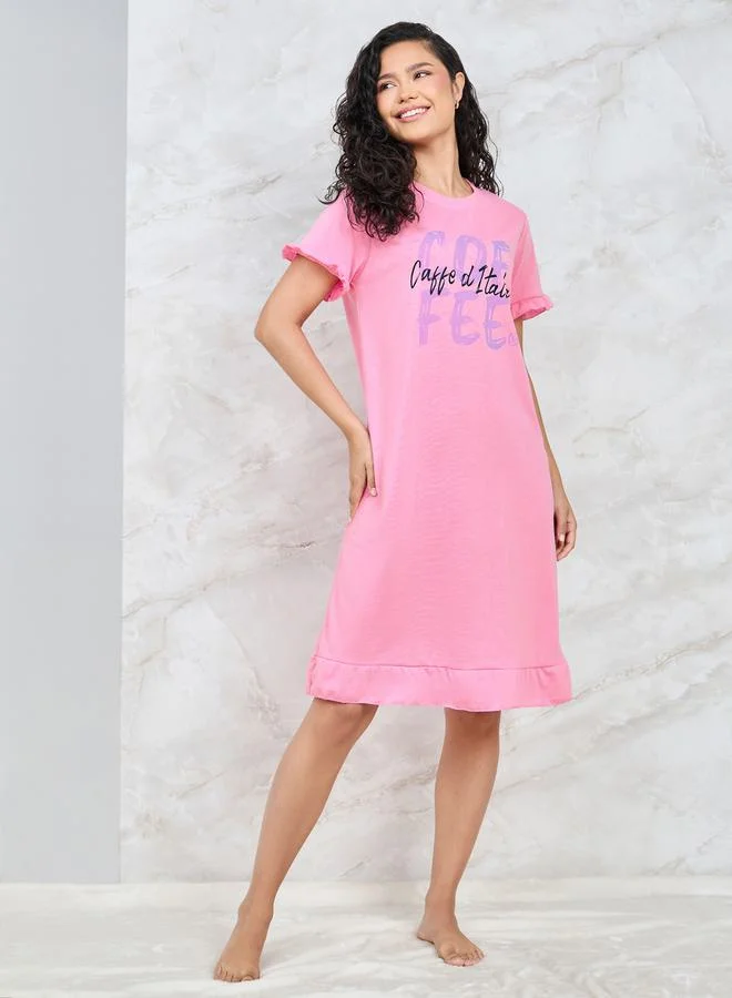 ستايلي Coffee Graphic Ruffle Hem Sleep T-Shirt Dress