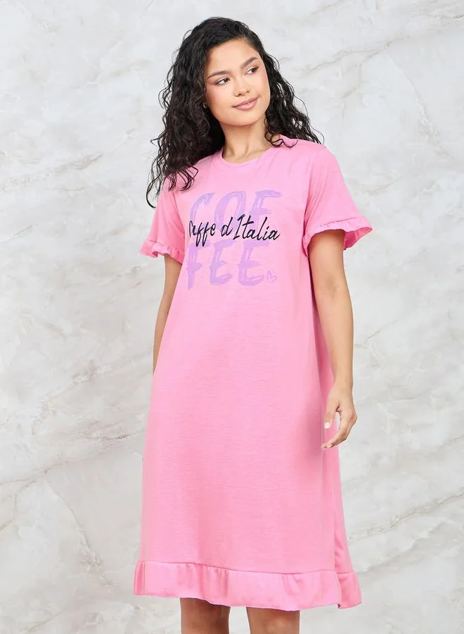 ستايلي Coffee Graphic Ruffle Hem Sleep T-Shirt Dress