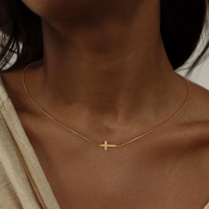 Rotnso Cross Necklace for Women 14K Gold Plated Dainty Small Sideways Cross Pendant Choker Simple Trendy Cute Cross Charm Box Chain Necklace Easter Basket Stuffers Baptism Religious Faith Jewelry Gift - Image 2