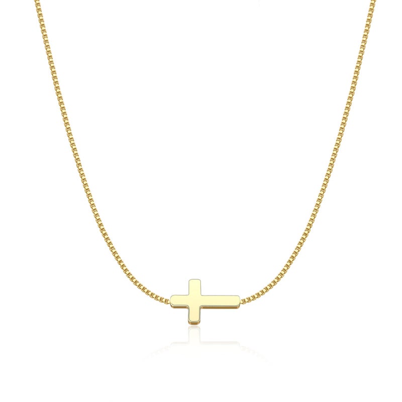 Rotnso Cross Necklace for Women 14K Gold Plated Dainty Small Sideways Cross Pendant Choker Simple Trendy Cute Cross Charm Box Chain Necklace Easter Basket Stuffers Baptism Religious Faith Jewelry Gift - Image 1