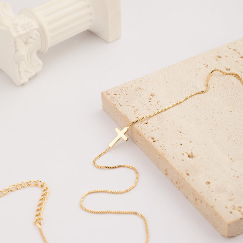 Rotnso Cross Necklace for Women 14K Gold Plated Dainty Small Sideways Cross Pendant Choker Simple Trendy Cute Cross Charm Box Chain Necklace Easter Basket Stuffers Baptism Religious Faith Jewelry Gift - Image 4