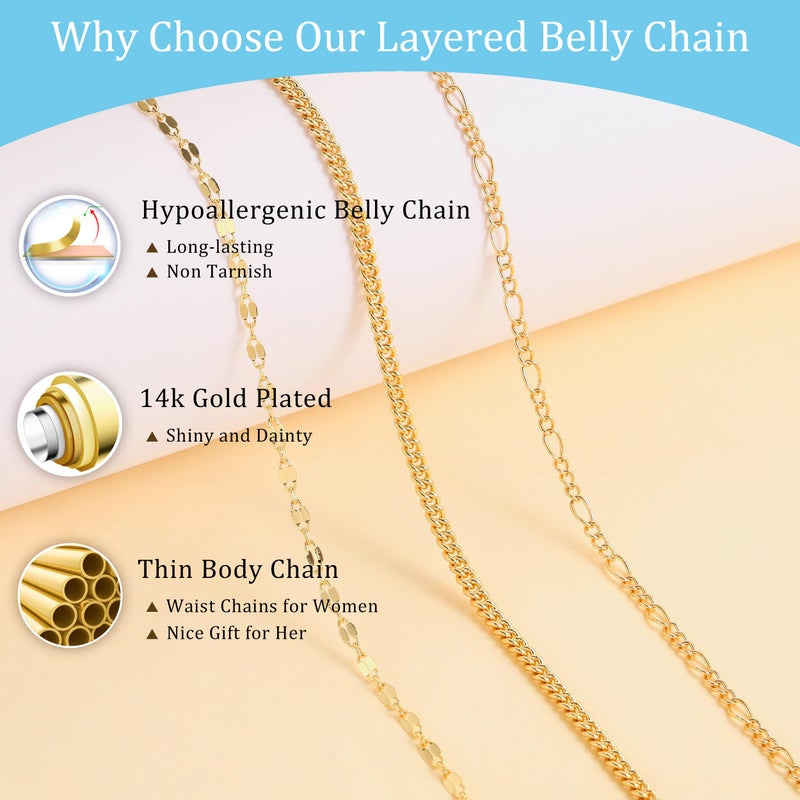 CHESKY 14K Gold Plated Layered Waist Chain for Women, Belly Belt Chains Beach Waist Beads Chain Waterproof Cuban Figaro Body Chain Summer Jewelry Accessories for Women - Image 4