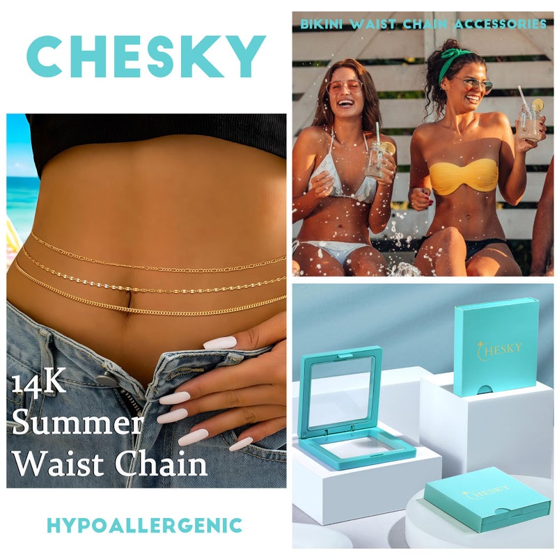 CHESKY 14K Gold Plated Layered Waist Chain for Women, Belly Belt Chains Beach Waist Beads Chain Waterproof Cuban Figaro Body Chain Summer Jewelry Accessories for Women - Image 5