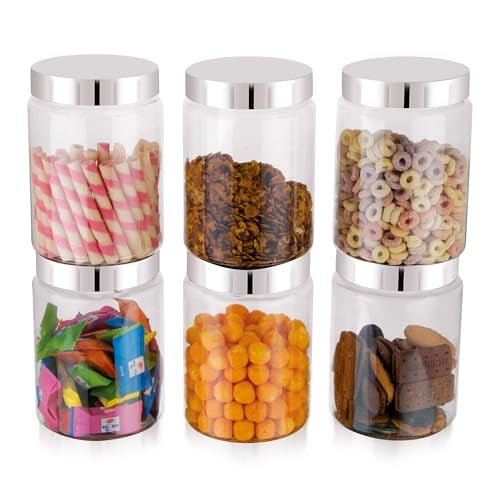 Homeor Plastic Storage Jar & Containers, Steel Cap Jar Set, Air Tight & BPA Free Containers for Kitchen Storage Set, Grocery Kitchen Container Set I Multipurpose Jar, 1200 ML Set 6, Transparent - Image 1